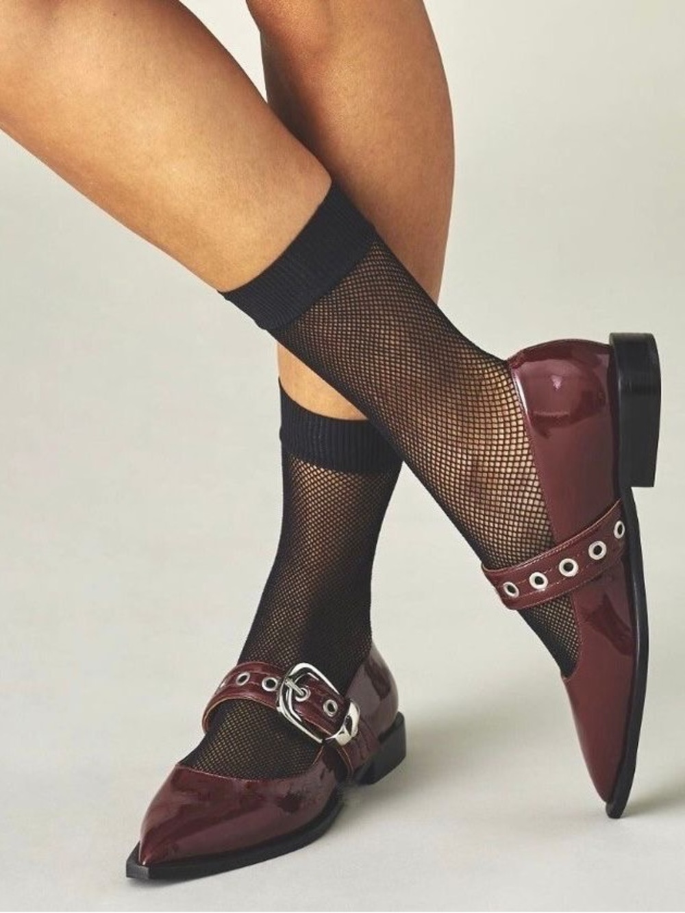 Anthropologie Maeve Pointed-Toe Moto Mary Jane Flats in Burgundy 38